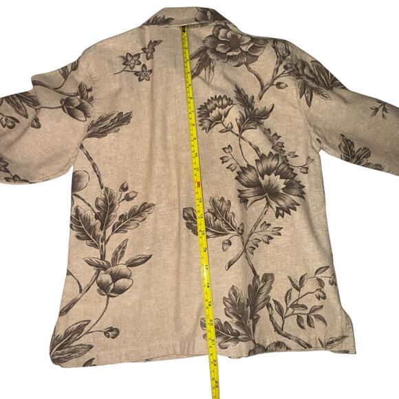 Vintage Linen Blend Button Front 3/4 Sleeve Floral Print Top Blouse Beaded SM - Picture 7 of 10